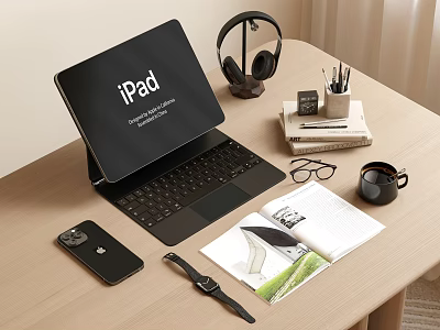 Desk Setup With iPad Keyboard And Daily Essentials 3d model
