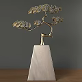 Ornamental Decor Set of Golden Metal Pine Trees with Marble Base and Stone Decoration