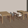 Wooden Table And Chair Set Featuring Rectangular Tables Various Chairs White Cushions Light Walls 3d model