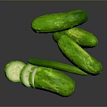 Fresh Green Cucumbers With Sliced Pieces On Dark Background