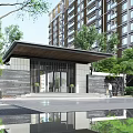 Modern gate high-rise community with primary and secondary entrances 3d model