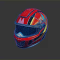 Modern Weapon Helmet With Red Glossy Body Blue Visor And Colorful Stripes