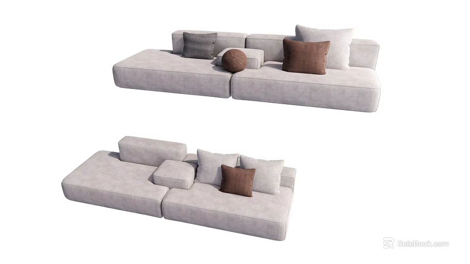 Modern Comfortable Light Gray Sectional Sofa with Brown and Gray Throw Pillows 3d model