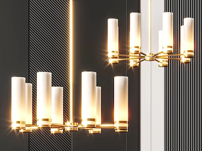 Modern Lighting Combination With Golden Metal Frame Cylindrical White Shades Hanging On Dark Striped Wall 3d model