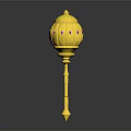 Ancient Golden Ceremonial Weapon With Spherical Top And Red Blue Decorations