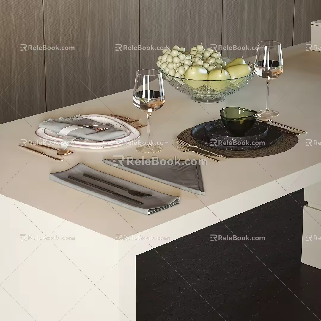 Modern Tableware Combination Tableware Dinner Plate Knife and Fork Wine Cup Fruit 3d model