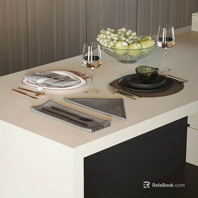 Modern Tableware Set With Plates Forks Napkins Wine Glasses And Fruit Bowl On Light Table 3d model 