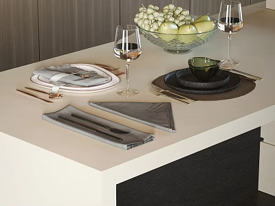 Modern Tableware Set With Plates Forks Napkins Wine Glasses And Fruit Bowl On Light Table 3d model