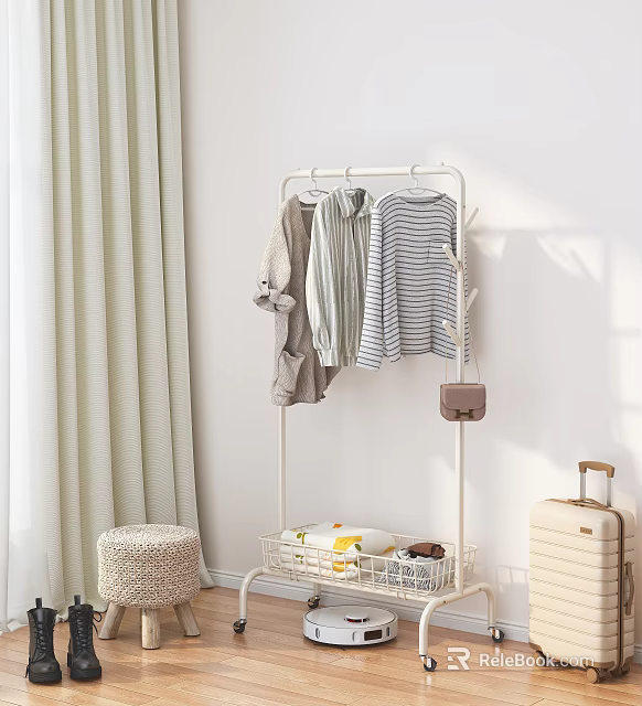 Standing Clothes Rack with Hanging Shirts Striped Tops and Storage Basket Near Curtain and Woven Stool 3d model 