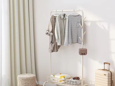 Standing Clothes Rack with Hanging Shirts Striped Tops and Storage Basket Near Curtain and Woven Stool 3d model