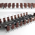 Modern Conference Table Featuring Dark Wood Top And Multiple Brown Rolling Chairs 3d model
