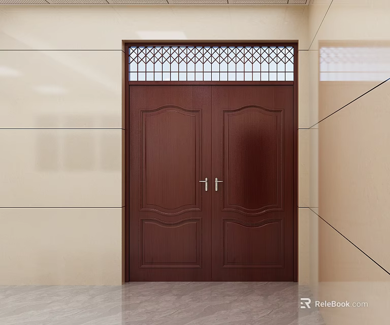 Brown Double Security Door With Grille Transom 3d model