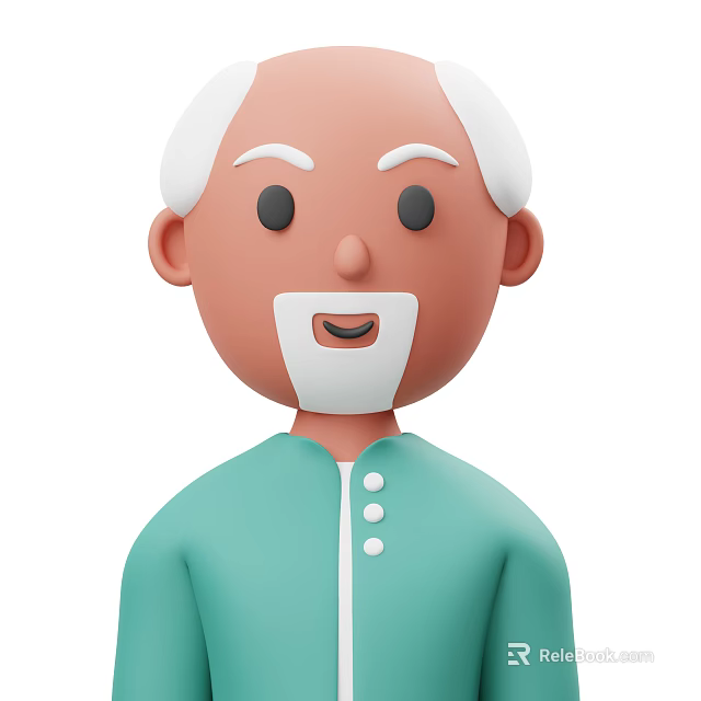 Cartoon Old Man With White Hair And White Beard In Light Green Clothing With Buttons 3d model 