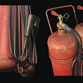 Red Wheeled Fire Extinguishers With Hoses And Handles For Fire Safety