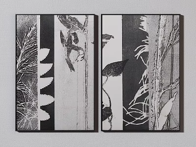 Black and White Decorative Paintings With Botanical Elements And Bird Motifs 3d model