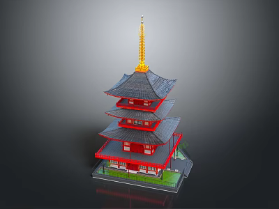 Traditional Red Multi tiered Pagoda With Black Roof And Golden Spire 3d model