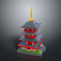 Traditional Red Multi tiered Pagoda With Black Roof And Golden Spire