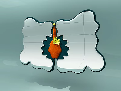 Decorative Mirror With Wavy Frame Orange Vase Yellow Flower Green Gear Like Base 3d model