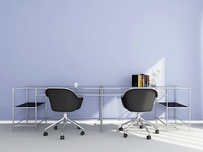 Modern Office Desk With Metal Frame White Cup Books Plant And Black Rolling Chairs 3d model