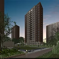 Modern High Rise Residential Building With Greenery Trees Lawn And Community Area