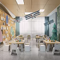Bright Kindergarten Interior With Bookshelves Airplane Models Chalkboard Wall And Tables Chairs