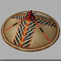Traditional Handwoven Bamboo Hat With Circular Shape Colorful Striped Pattern Red Straps And Woven Texture