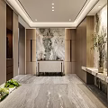 Foyer Hallway Modern Interior With Marble Wall Console Table Wooden Cabinets And Green Plants