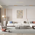Modern Living Room Interior With White Sofa Multiple Cushions Rug And Decorative Artwork