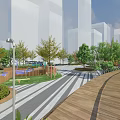Urban Park Landscape With Colorful Children's Playground Striped Pavement And Trees Against Modern Buildings Background