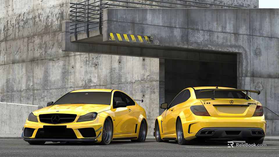 Two Yellow Sports Cars Parked At Concrete Tunnel Entrance With Metal Railings And Warning Stripes 3d model 