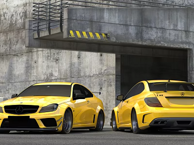 Two Yellow Sports Cars Parked At Concrete Tunnel Entrance With Metal Railings And Warning Stripes 3d model