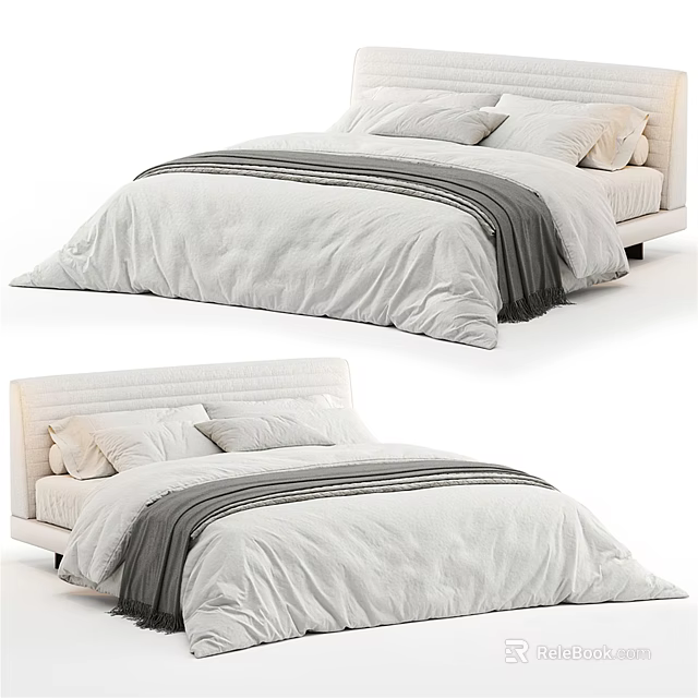 Modern Double Bed Interior With White Headboard Grey Bedspread And Soft Pillows 3d model 