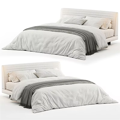 Modern Double Bed Interior With White Headboard Grey Bedspread And Soft Pillows 3d model
