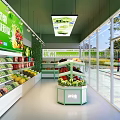 Bright Green Themed Fruit Store With Fresh Watermelons Apples Bananas And Display Shelves
