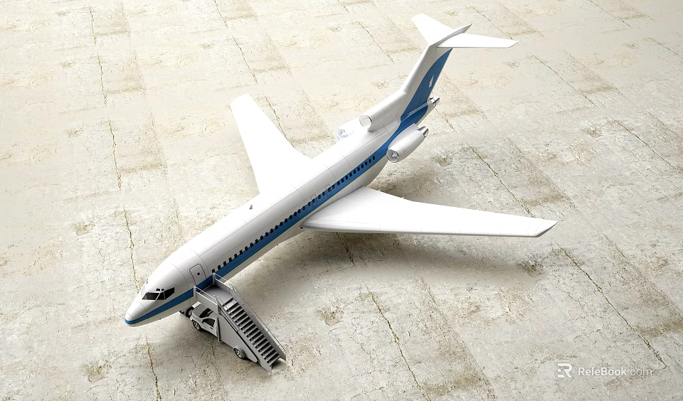 Airplane Model With White Body Blue Stripes And Boarding Ladder On Gray Floor 3d model 