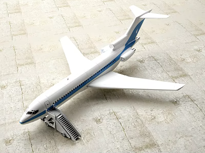 Airplane Model With White Body Blue Stripes And Boarding Ladder On Gray Floor 3d model