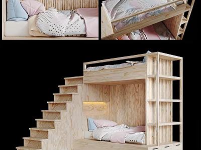 Modern Wooden Children's Bunk Bed With Stairs Storage And Cozy Bedding 3d model