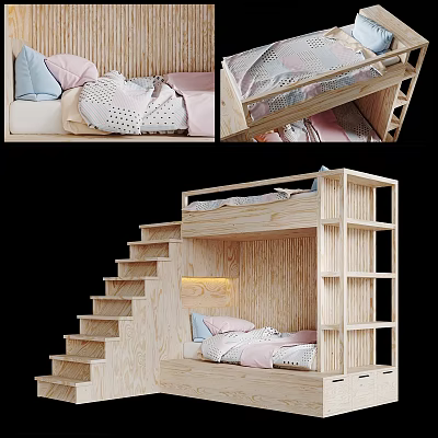 Modern Wooden Children's Bunk Bed With Stairs Storage And Cozy Bedding 3d model