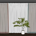 Modern Double Layer Curtains Grey Drapes White Sheer Panels and Potted Plant on Wooden Floor