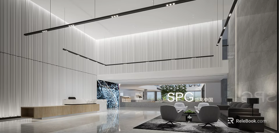 Modern Spacious Front Desk Reception Area With White Walls Pendant Lights And Sofa Seating 3d model 