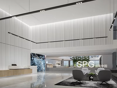 Modern Spacious Front Desk Reception Area With White Walls Pendant Lights And Sofa Seating 3d model