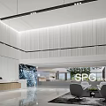 Modern Spacious Front Desk Reception Area With White Walls Pendant Lights And Sofa Seating