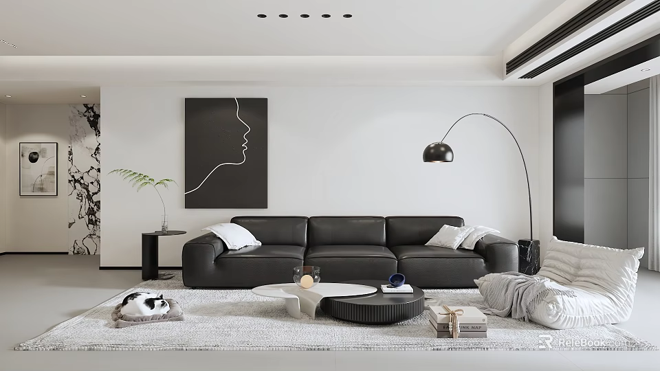 Modern Living Dining Room Interior With Black Sofa White Rug Floor Lamp And Abstract Painting 3d model 