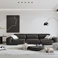 Modern Living Dining Room Interior With Black Sofa White Rug Floor Lamp And Abstract Painting