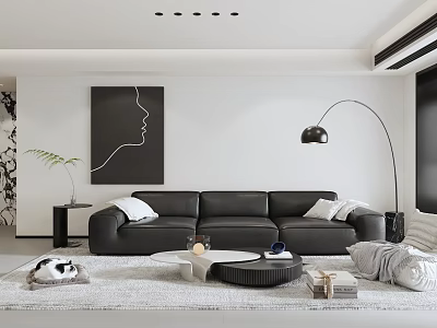 Modern Living Dining Room Interior With Black Sofa White Rug Floor Lamp And Abstract Painting 3d model