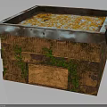 Wooden Box Shaped Building With Rusted Surface And Green Plants Covered Orange Particles On Top