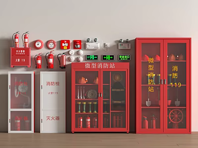 Red Fire Equipment Collection With Extinguishers Cabinets Signs And Mini Fire Station 3d model