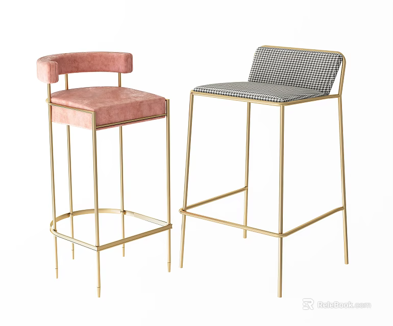 Stylish Upholstered Bar Stools With Pink And Gray Checkered Seats And Golden Metal Frames 3d model 