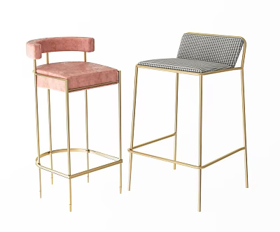 Stylish Upholstered Bar Stools With Pink And Gray Checkered Seats And Golden Metal Frames 3d model