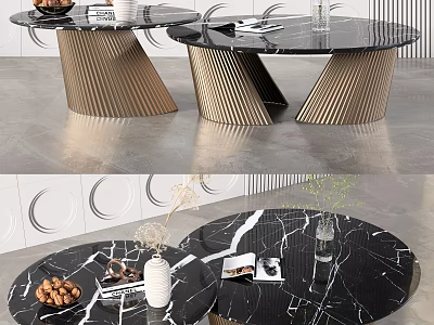 Modern Coffee Table With Black Marble Top And Gold Striped Metal Base For Living Room 3d model
